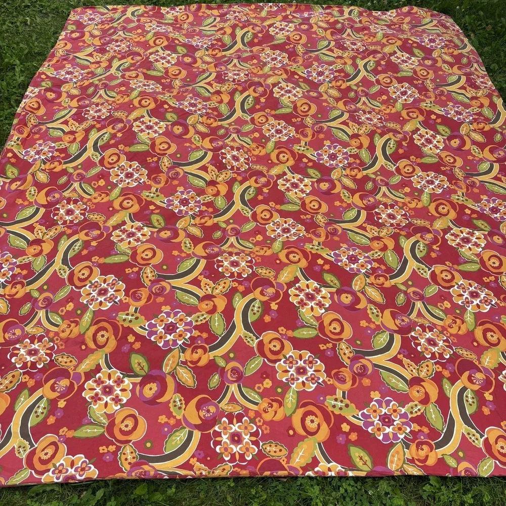Pottery Barn King Duvet Cover Two Shams Red Floral Retro‎ Mod Cotton Reversible